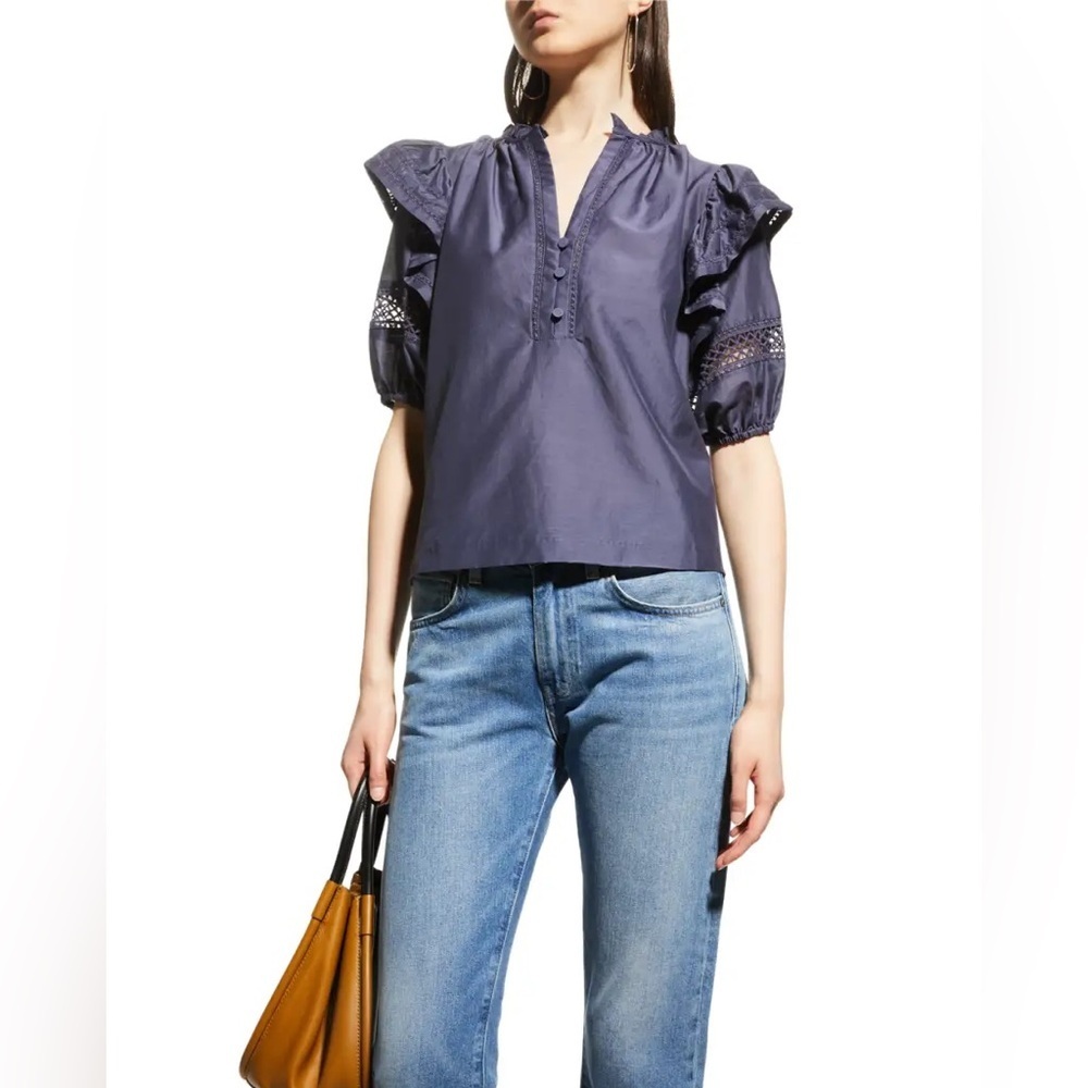 Marie Oliver Liza ruffled lace inset top Blouse, Blue Size L silk cotton blend